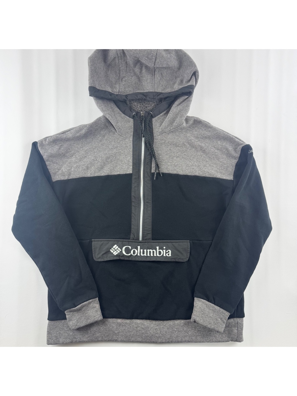 Columbia Womens Large Colorblock Anorak Hoodie Fleece Quarter Zip Black Gray